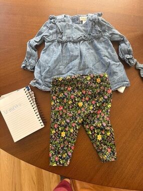 Ralph Lauren Blue Denim-Look Top with Black Floral Leggings